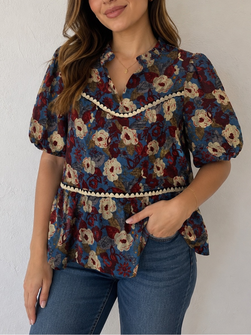 entro Blue Floral Puff-Sleeve Peplum Blouse with White Trim